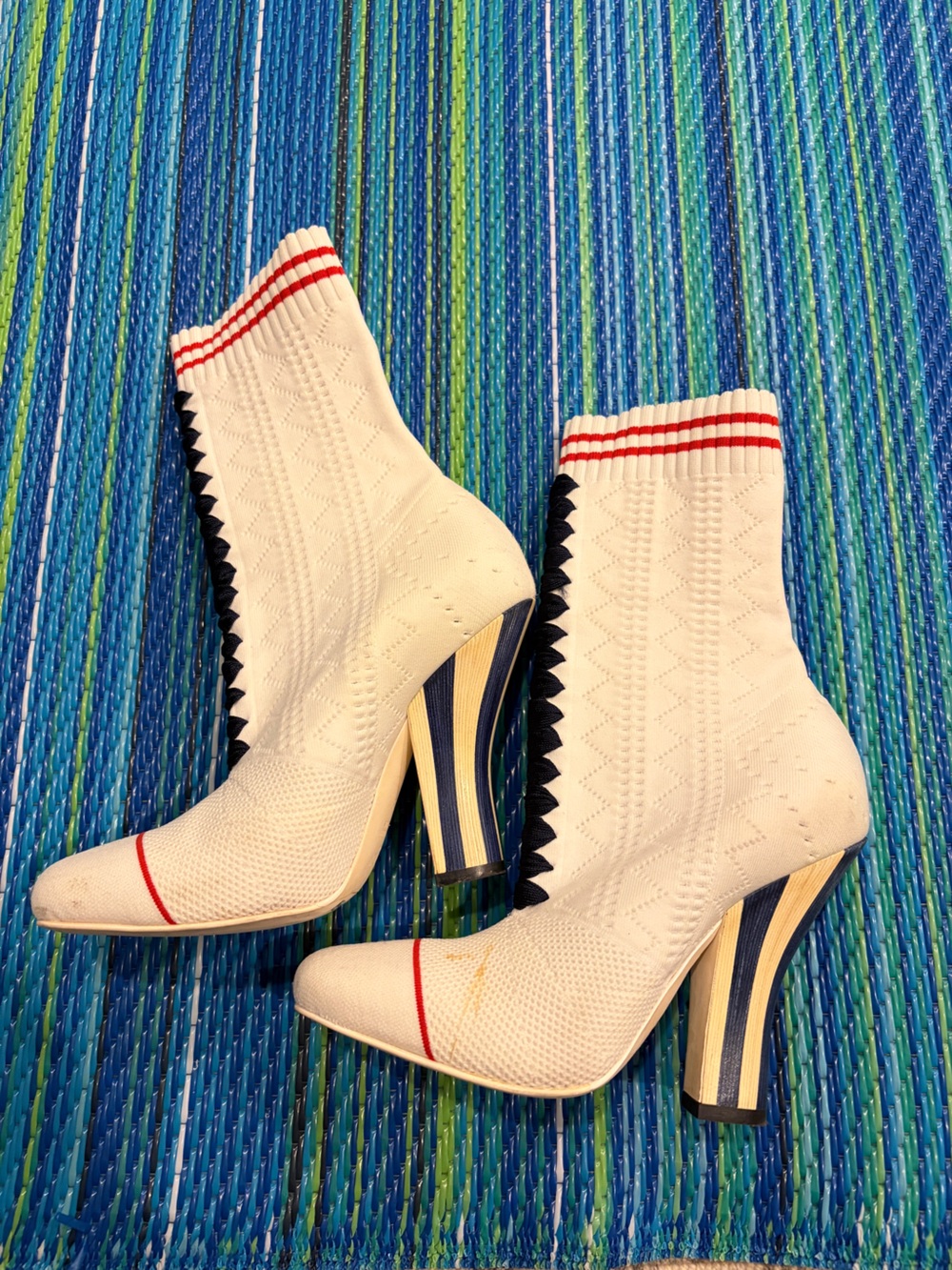Fendi Cream Knit Sock Boot with Red Stripe and Navy Accents